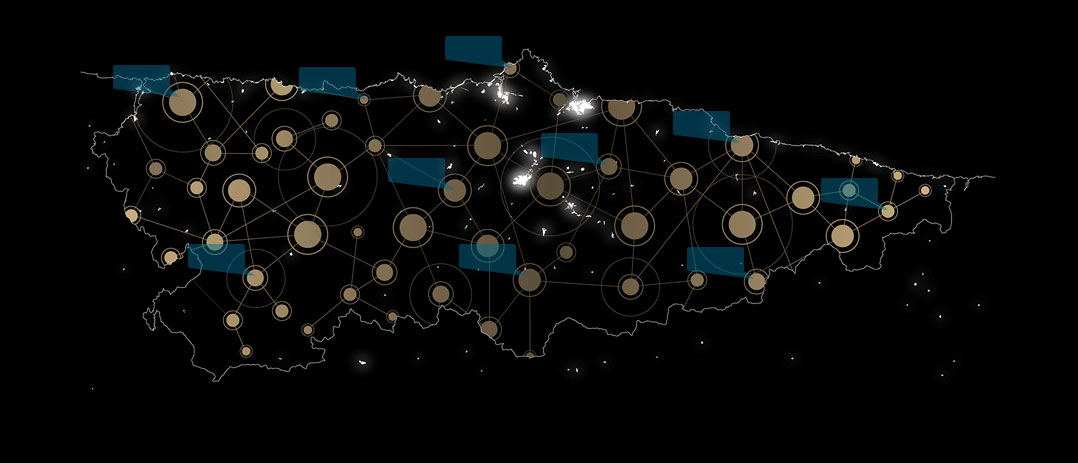 Conexiones entre nodos ciudadanos sobre el mapa de Asturias